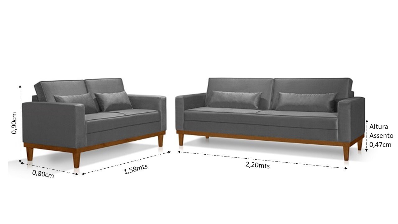 Sofá Living 3 e 2 Lugares Valência - 2,20/1,58Mts - Veludo Cinza - Estofados Pérola - 2