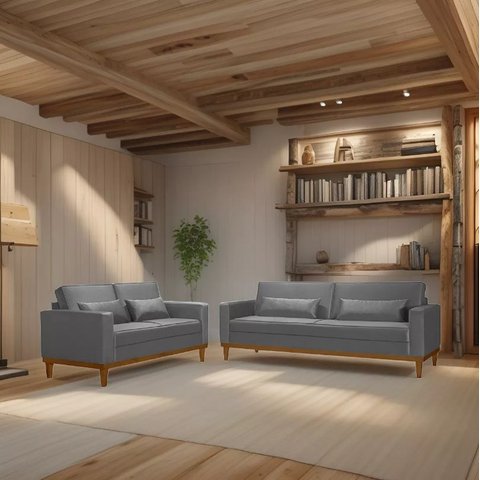 Sofá Living 3 e 2 Lugares Valência - 2,20/1,58mts - Veludo Cinza - Estofados Pérola