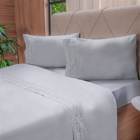 Jogo de Cama Broderie Microfibra Queen 4 Peças Cinza