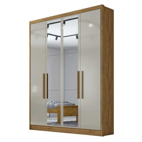 Guarda Roupa Solteiro com Espelho 4 Portas 3 Gavetas Sevilha Novo Horizonte Cor:cumaru / Fendi