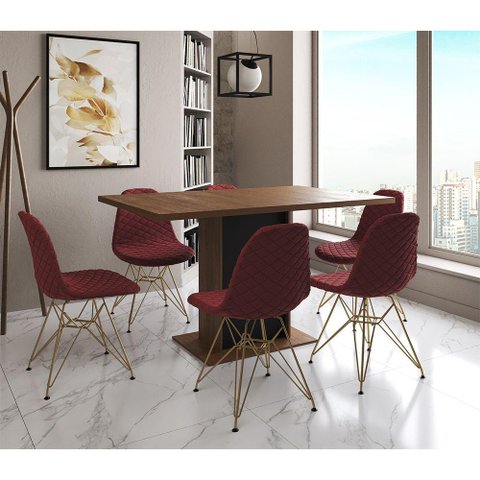 Mesa Jantar Londres Retangular Amêndoa 137x90 Base Preta 6 Cadeiras Estofadas Vermelho Base Dourado
