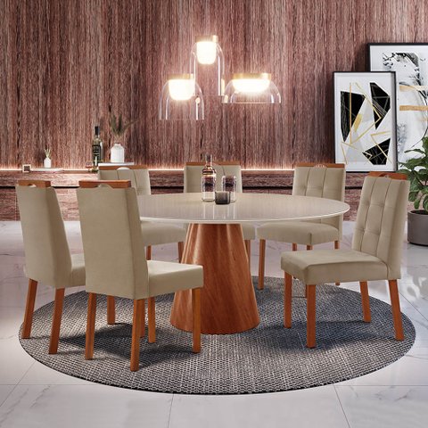 Conjunto Sala de Jantar Mesa Gênova 130 Cm Tampo Redondo Vidro Off White com 6 Cadeir