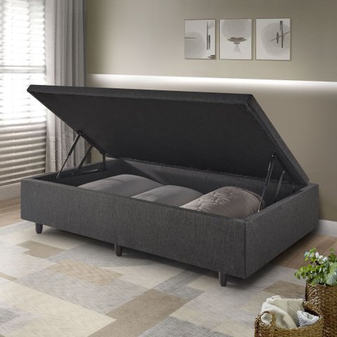 Cama Box Baú 96x203x34 Solteirão Cm Linho com Pistão a Gás