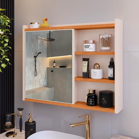 Espelheira de Banheiro Armário Suspenso 1 Porta com Prateleira Organizador Luxo - Off White/ Cinamom