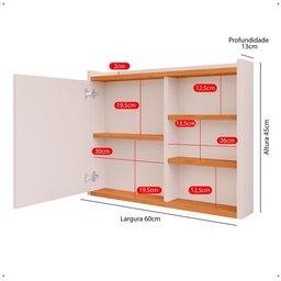 Espelheira de Banheiro Armário Suspenso 1 Porta com Prateleira Organizador Luxo - Off White/ Cinamom - 8