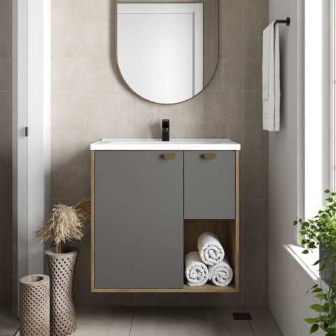 Balcão para Banheiro Pia 1 Porta 1 Gaveta Grafite Bertolini