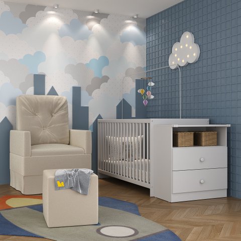 Berço Cômoda com Colchão, Poltrona de Amamentação e Puff Meu Bebê Multimóveis MP4102 Branco/