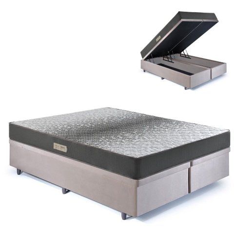 Cama Baú Casal 138x188 Bipartido Suede Bege com Dual Firm Espuma Ecoflex