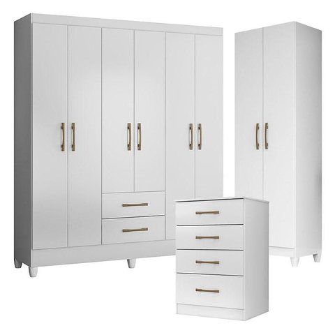 Guarda Roupa Casal Panamá com Cômoda Ms913 e Armário Multiuso New Íris Branco Brilho– Moval