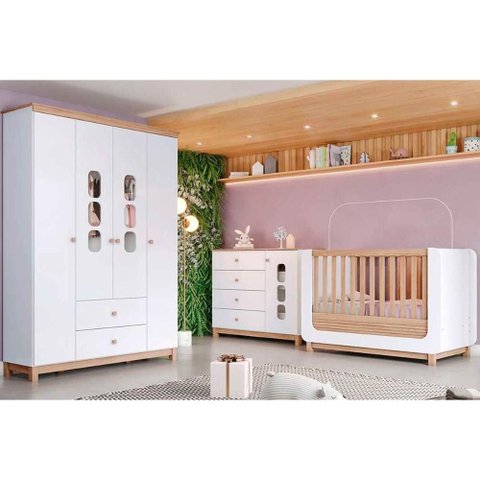 Quarto de Bebê Completo Aconchego 3 Peças (1 Guarda Roupa + 1 Berço + 1 Cômoda) Qi80 Branco/