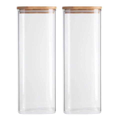 Kit 2 Potes Herméticos de Vidro 1,9L Borea Oikos 25cm Tampa de Bambu Porta Mantimentos