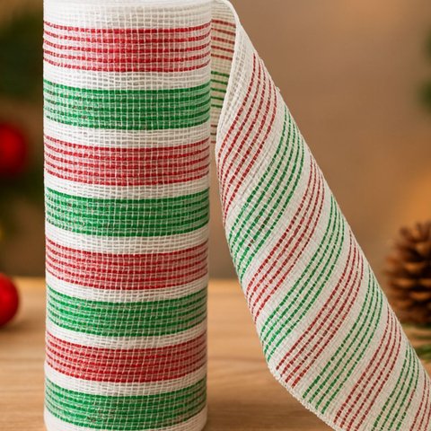 Tela Malha Tule Decorativa Natal Candy Tricolor Vermelho Verde e Branco 25cm X 5m Premium