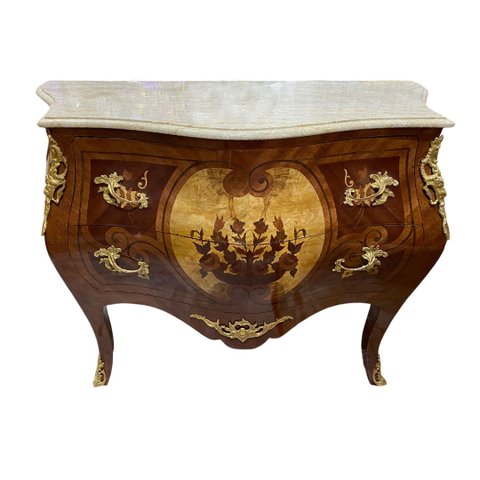 Cômoda Clássica Marchetada com 2 Gavetas e Tampo em Mármore 86x120x56cm