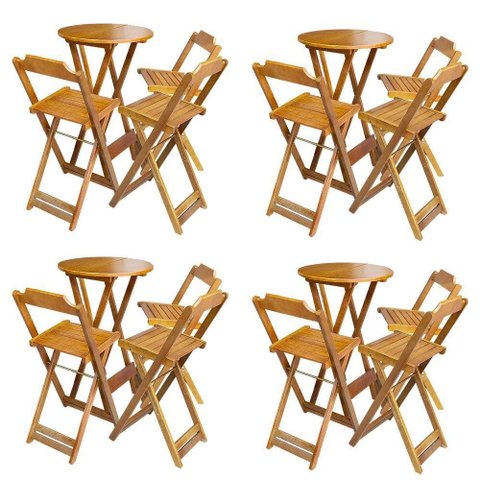 Kit 4 Jogos De Mesa Bistrô De Madeira Dobrável Com 3 Banquetas - Mel