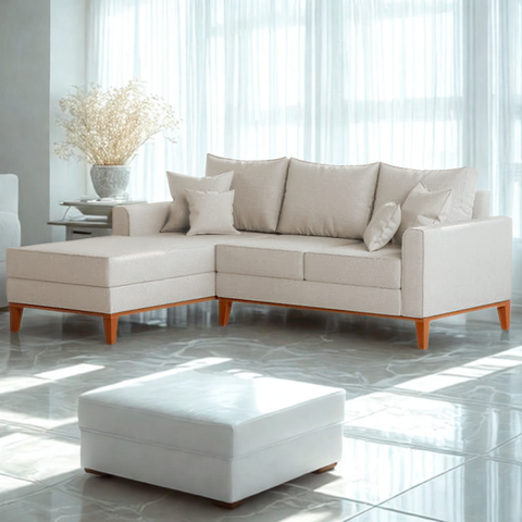 Sofá 3 Lugares Beny com Chaise Esquerdo Linho Cru