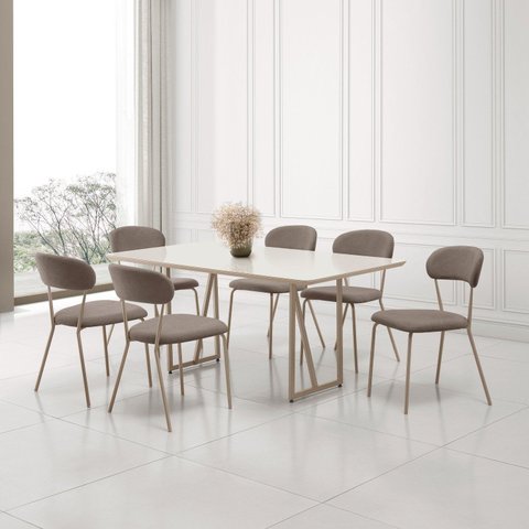 Conjunto para Sala de Jantar com 6 Cadeiras Betina Bege/Champagne/Marrom/Off White