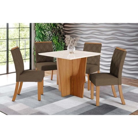 Conjunto: Mesa Sala Jantar Vértice C/ Tampo Reto Madeirado C/ Vidro 90x90cm e 4 Cadeiras Vita