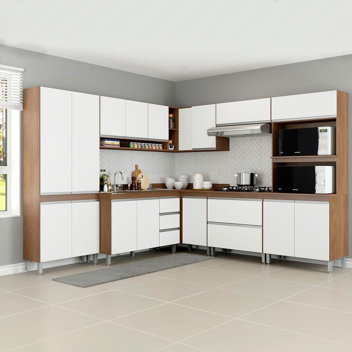 Cozinha Planejada Completa de Canto Modulada Sabrina 8 Pçs MDP Branco ...