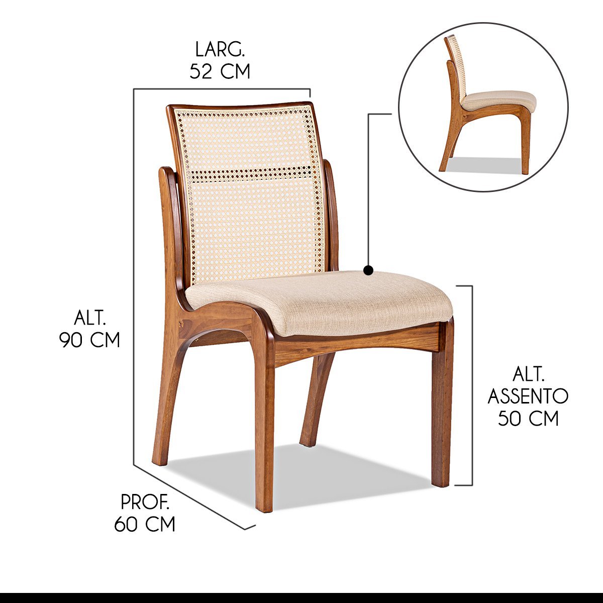 Kit 6 Cadeiras de Madeira para Mesa de Jantar com Encosto Rattan Linho Bege M58 RMI - 3