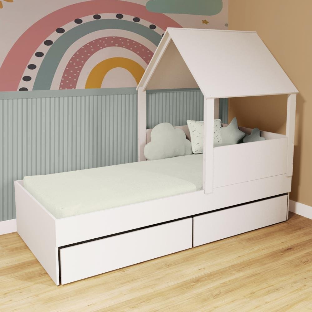 Cama Casinha com Telhado e 02 Gavetas Branco Megamobilia
