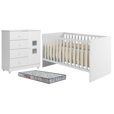 Berço Nacional Life 2186 com Cômoda Life Branco Acetinado Colchão Sleep - Tigus