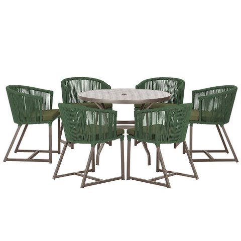 Mesa com 6 Cadeiras de Jantar Roma 120cm e Noronha em Alumínio Marrom Corda Náutica Estofado 13 Tram