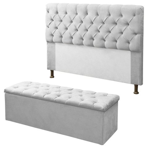 Kit Cabeceira + Calçadeira Baú Mirage King 195cm Branco - LM DECOR