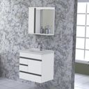 Ver imagem 1 de Kit Gabinete de Banheiro Suspenso 1 Porta 3 Gavetas Espelheira 1 Porta e Cuba em Mármore Sintético a Branco/Texturizado