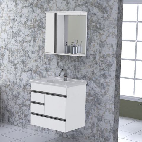 Kit Gabinete de Banheiro Suspenso 1 Porta 3 Gavetas Espelheira 1 Porta e Cuba em Mármore Sintético a Branco/Texturizado