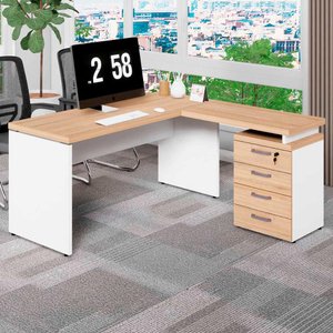 Mesa em L Escritório 1,50m Gaveteiro 4 Gavetas Pé Painel F5 Cor:macadâmia com Branco