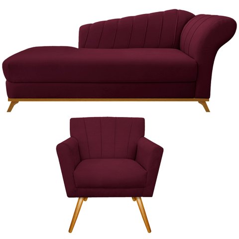 Kit Diva Recamier Vanessa 185cm Lado Esquerdo e 01 Poltrona Laura Suede Adj Decor Bordô