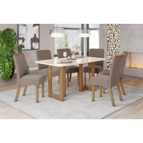 Mesa de Jantar Yara 160 C. Vidro 6 Cad. Malu Amendoa - Henn