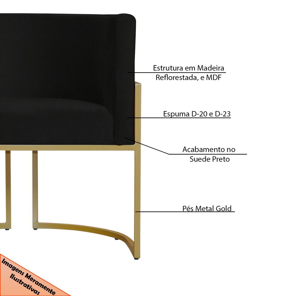 Kit 6 Poltronas Decorativa Sala de Estar Luana Base Gold Suede Preto - Montanaris Decor Md Montanari - 6