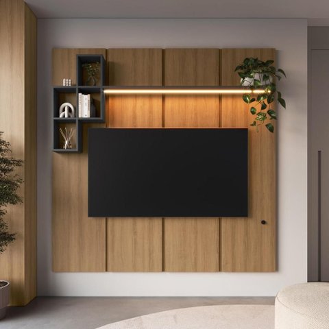 Painel para TV até 55 Polegadas com LED 1 Prateleira e 4 Nichos Multimóveis Crpro-PTV024 Mel/