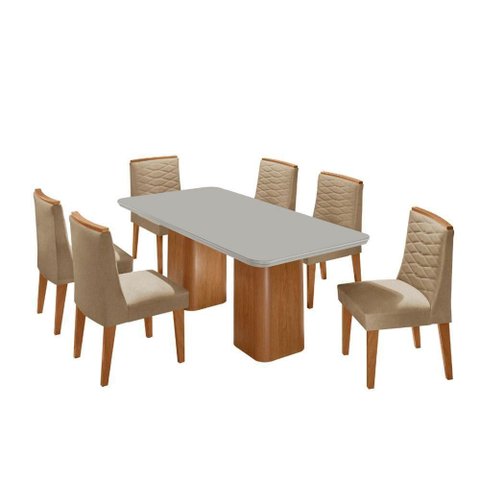 Mesa de Jantar Eloise Tampo Mdf Vidro com 6 Cadeiras Moderna Turim Off White Naturale