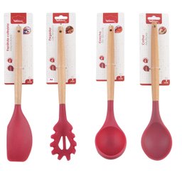 Kit 4 Utensílios De Silicone Cabo Madeira Vermelho e Suporte Rose MIX - 4