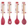 Kit 4 Utensílios De Silicone Cabo Madeira Vermelho e Suporte Rose MIX - 4