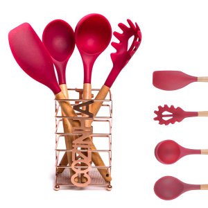 Kit 4 Utensílios De Silicone Cabo Madeira Vermelho e Suporte Rose MIX
