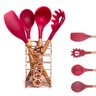 Kit 4 Utensílios De Silicone Cabo Madeira Vermelho e Suporte Rose MIX - 1