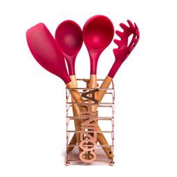 Kit 4 Utensílios De Silicone Cabo Madeira Vermelho e Suporte Rose MIX - 2