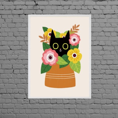 Quadro Gatinho Com Vaso De Flores 33x24cm:Madeira preta