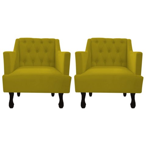 Kit 2 Poltronas Decorativa Julia Couro Amarelo Pés Madeira Ms Decor