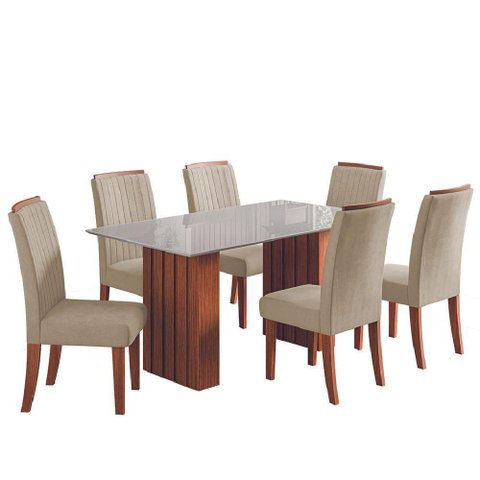 Conjunto de Mesa Sala de Jantar Ripada Tampo com Vidro Santiago 1,60m 6 Cadeiras Grécia Dobuê