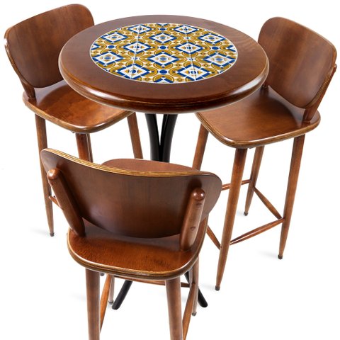 Cj Mesa Madeira Azulejo 60cm - Bistrô Fixa 98cm + 3 Banquetas 73 - Natural - Anos Dourados