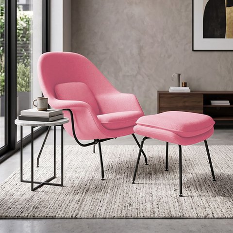 Poltrona Womb Chair com Puff Linho Base Preta Linha Premium Sala Quarto Leitura Moderna Luxo - Rosa
