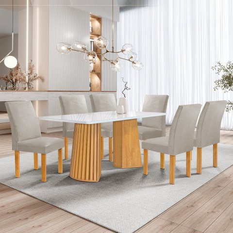 Conjunto Mesa Stella Ripada 170cm com 6 Cadeiras Canela Tampo Smart Plus com Vidro