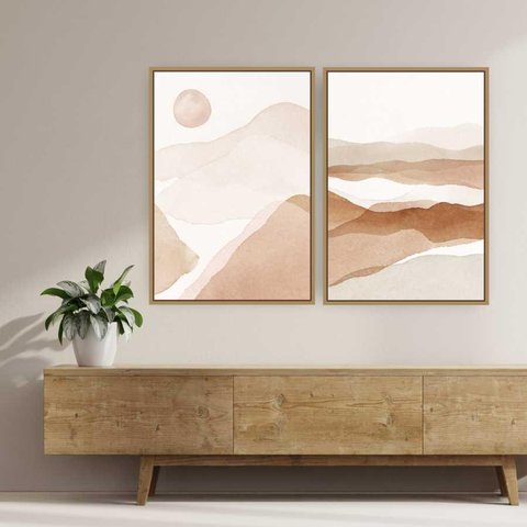 Quadro Tela Composição Onda Terra Moldura Bege 2X 63X42Cm