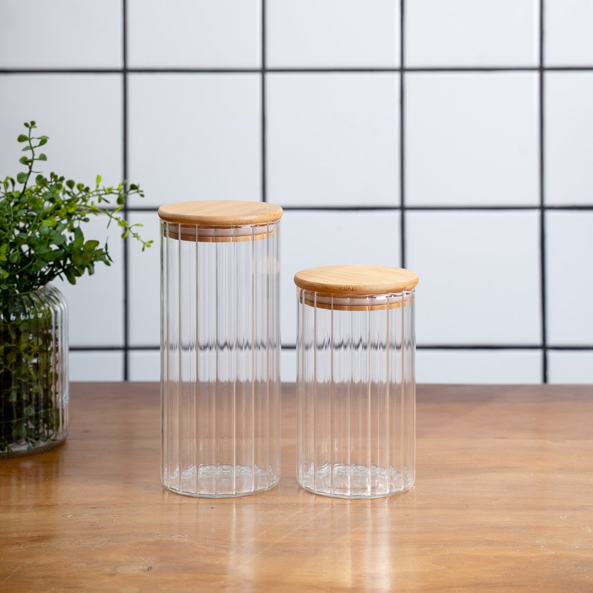 Kit 2 potes vidro herméticos para mantimentos canelado com tampa de bambu - Oikos - 4