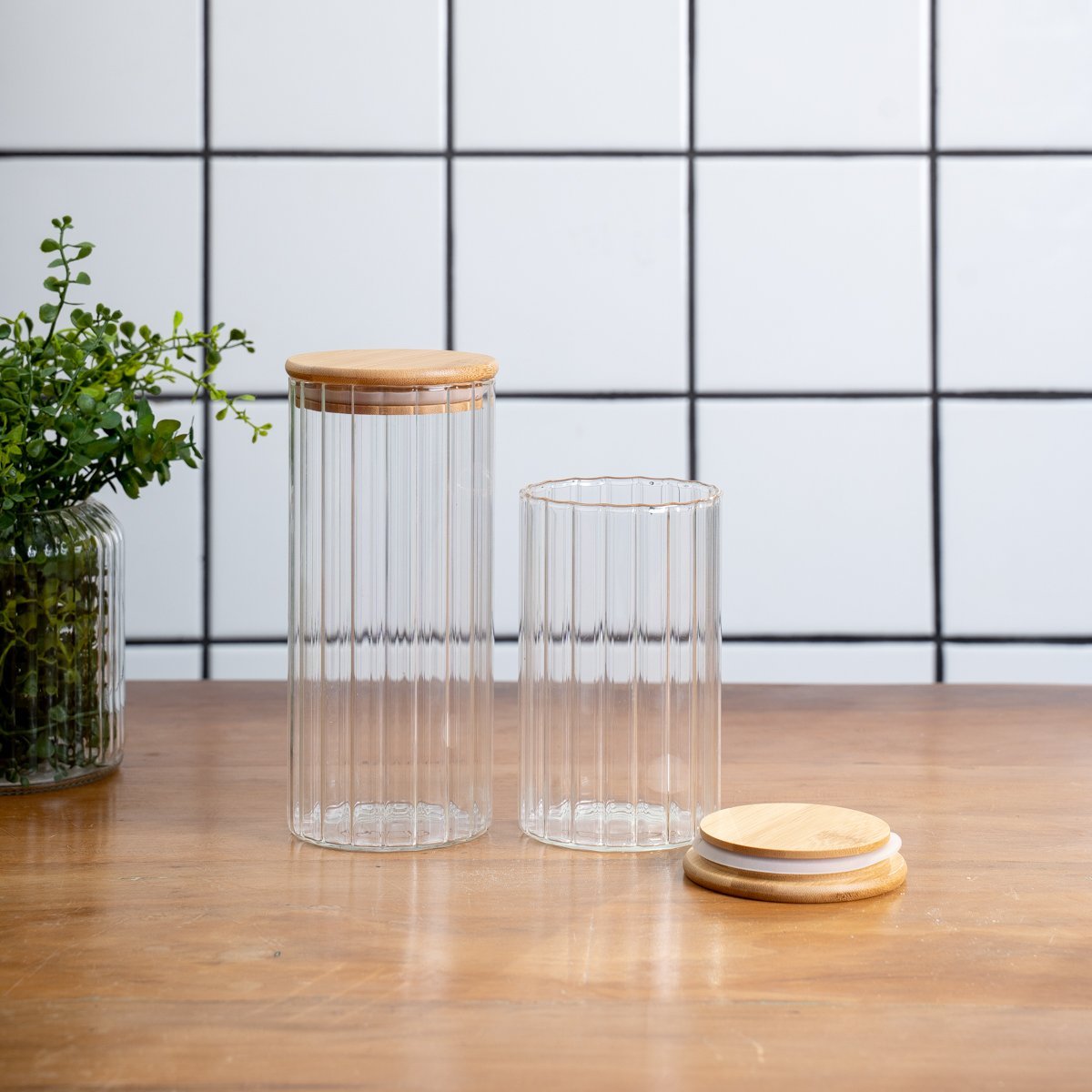 Kit 2 potes vidro herméticos para mantimentos canelado com tampa de bambu - Oikos - 5
