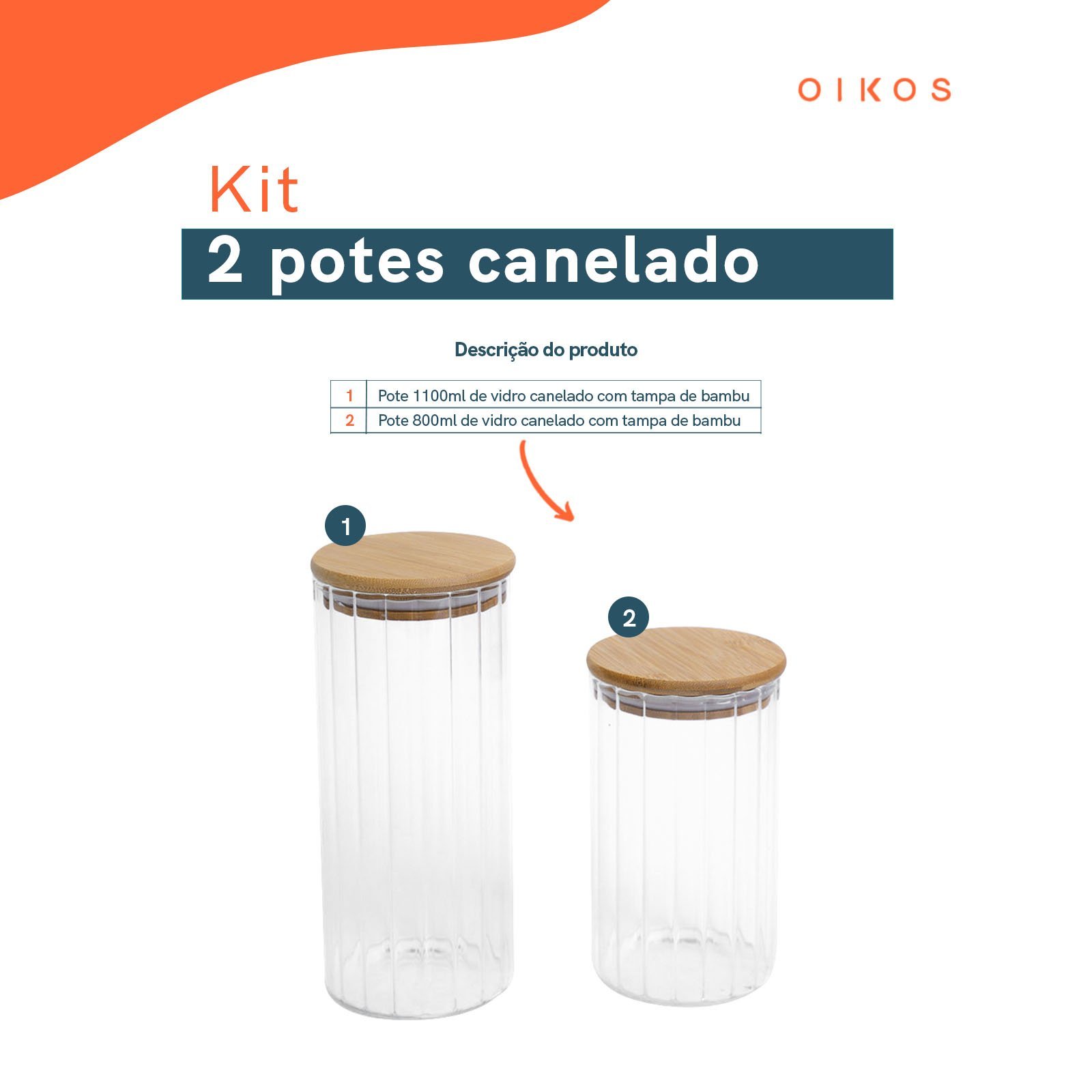 Kit 2 potes vidro herméticos para mantimentos canelado com tampa de bambu - Oikos - 2